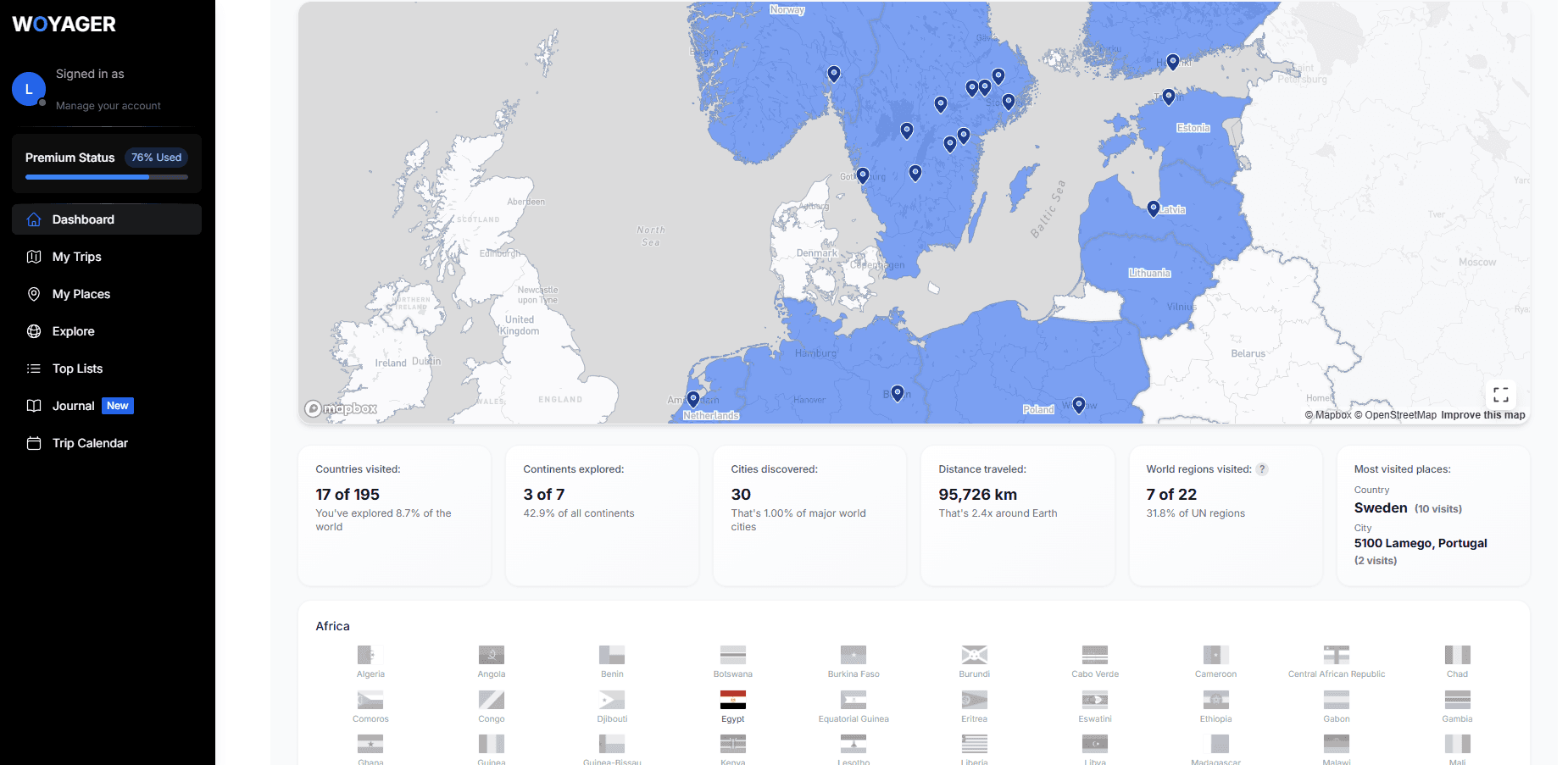 WOYAGER World Map - Track your visited countries with interactive statistics