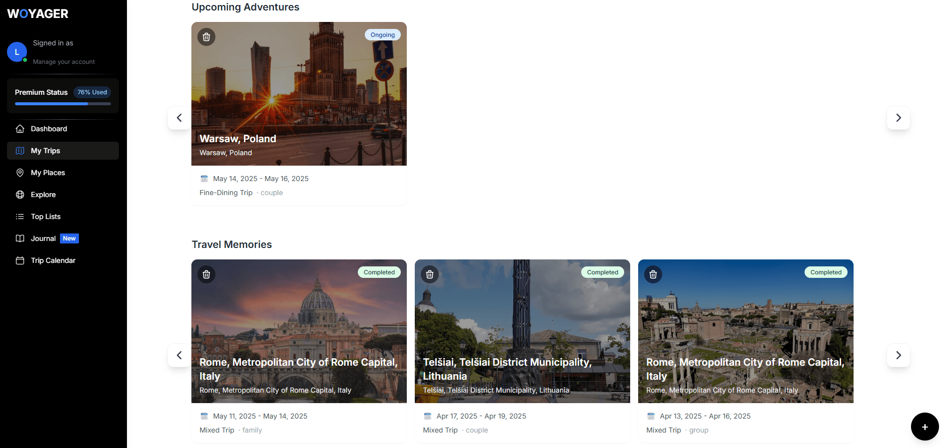 WOYAGER My Trips - View and manage all your saved itineraries in one place