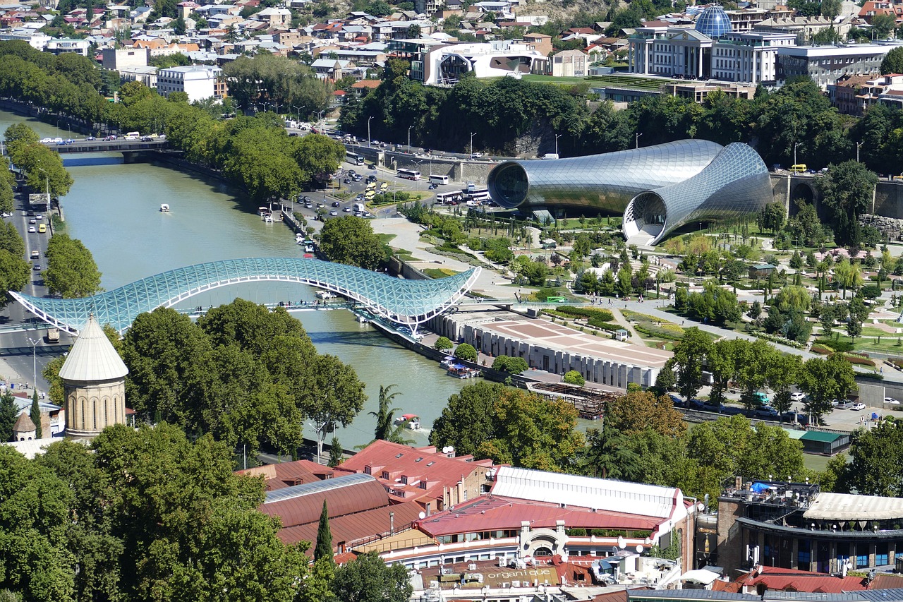 Historic district of Tbilisi with traditional architecture and Narikala Fortress, Georgia