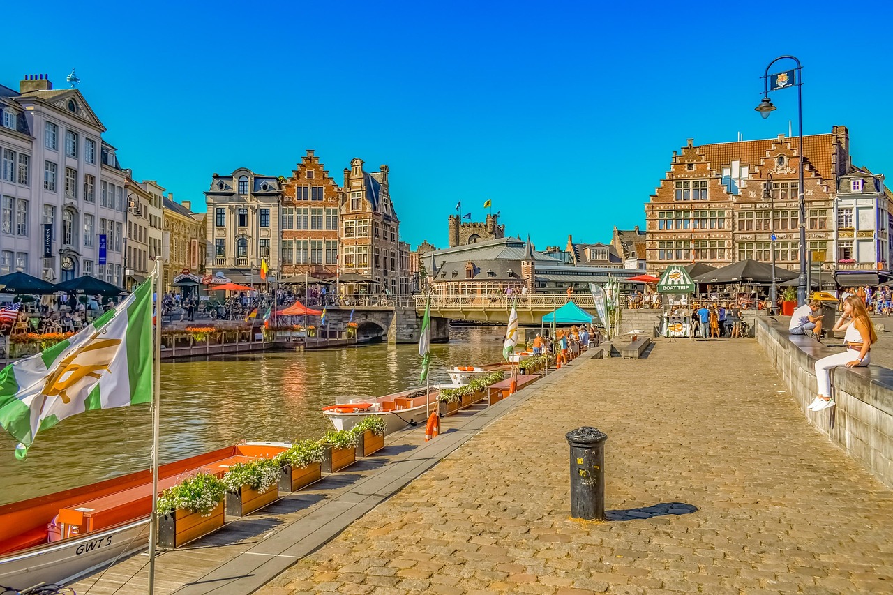 Canal view of historic buildings and medieval architecture in Ghent, Belgium