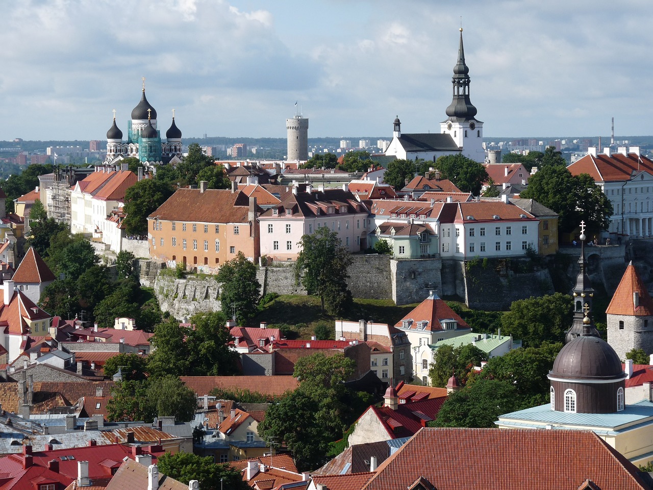 Aerial view of Tallinn's medieval Old Town with its distinctive spires, Estonia