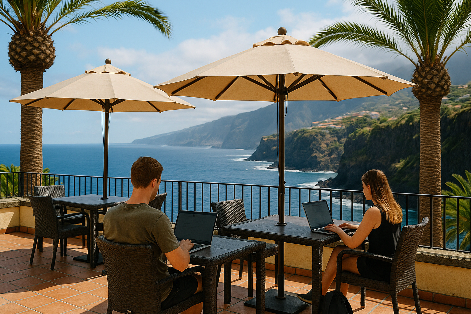 A clifftop coworking space overlooking the Atlantic with palm trees
