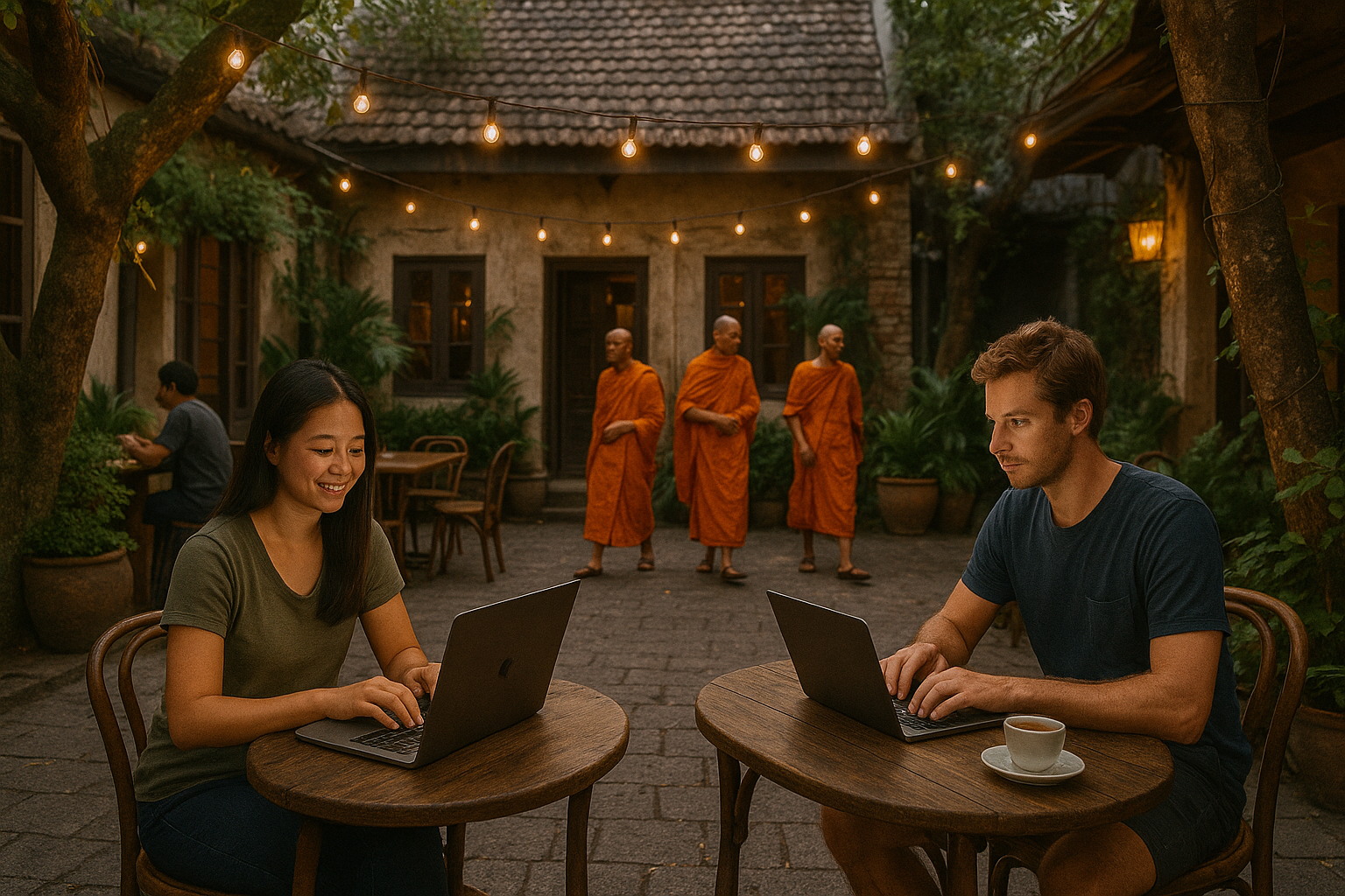 A courtyard café in Chiang Mai with string lights and monks walking by