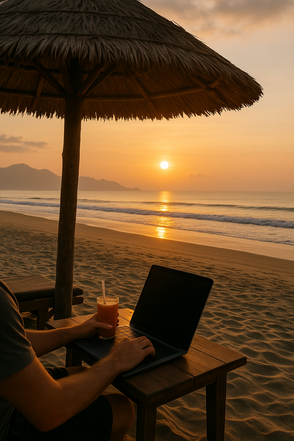 A beach scene in Da Nang with someone working under a shaded umbrella
