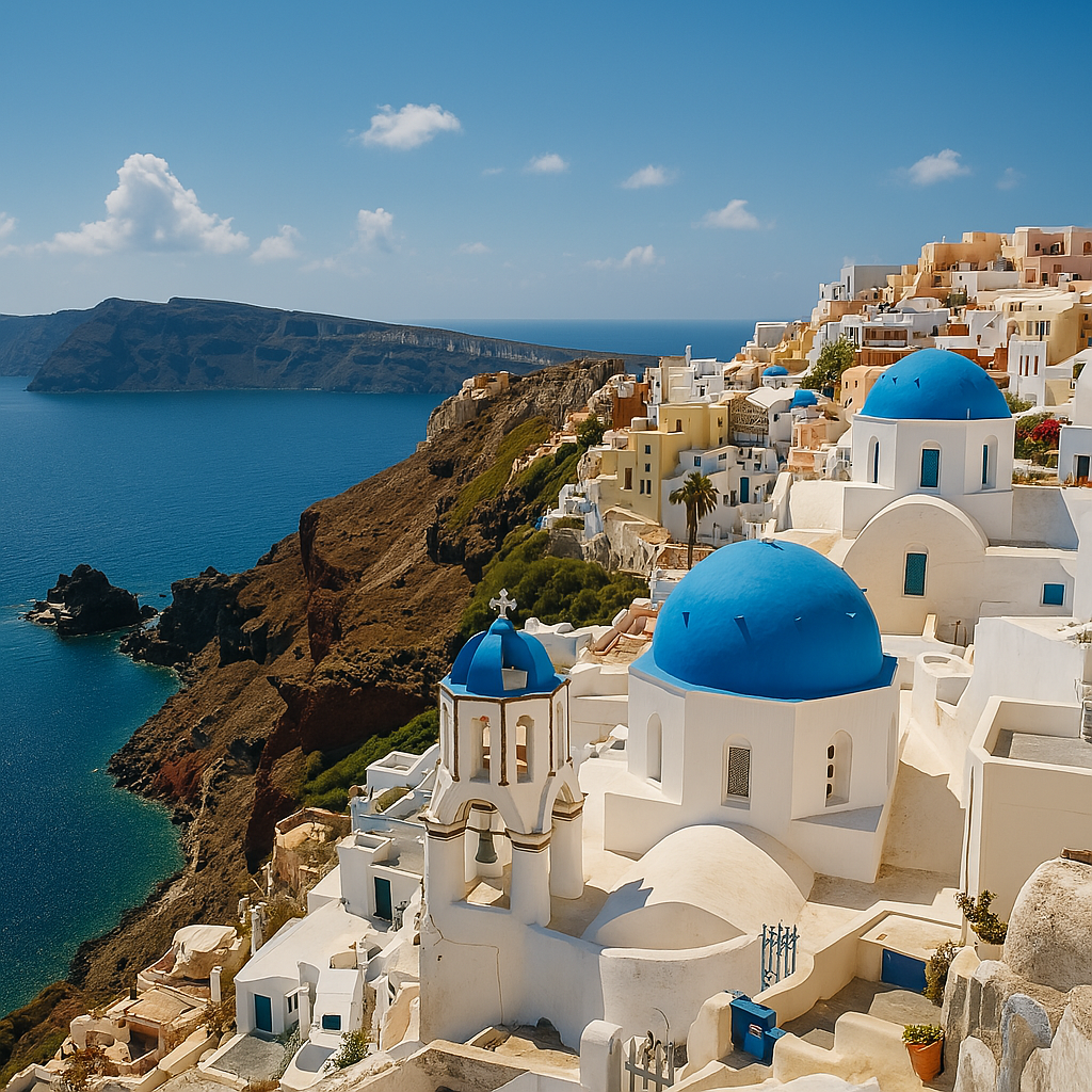 Overcrowded viewpoint in Santorini with tourists trying to take photos
