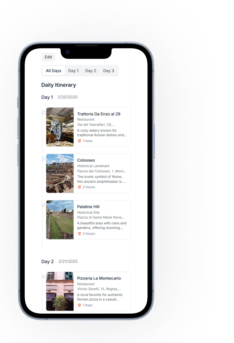 Mobile app screen - Itinerary view