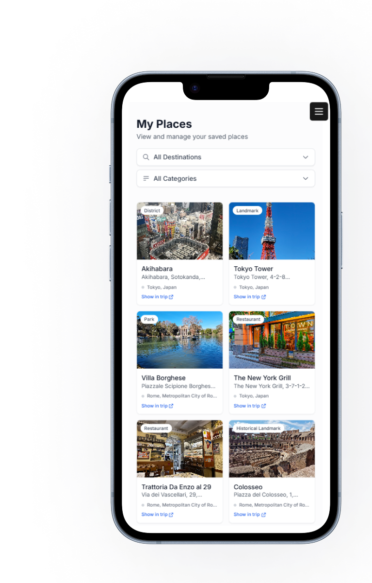 Mobile app screen - Saved places